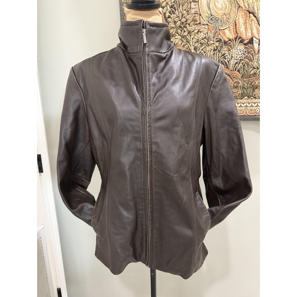 Nine West Jacket Womens XL Brown Leather Zip Front Pockets Collared Lined